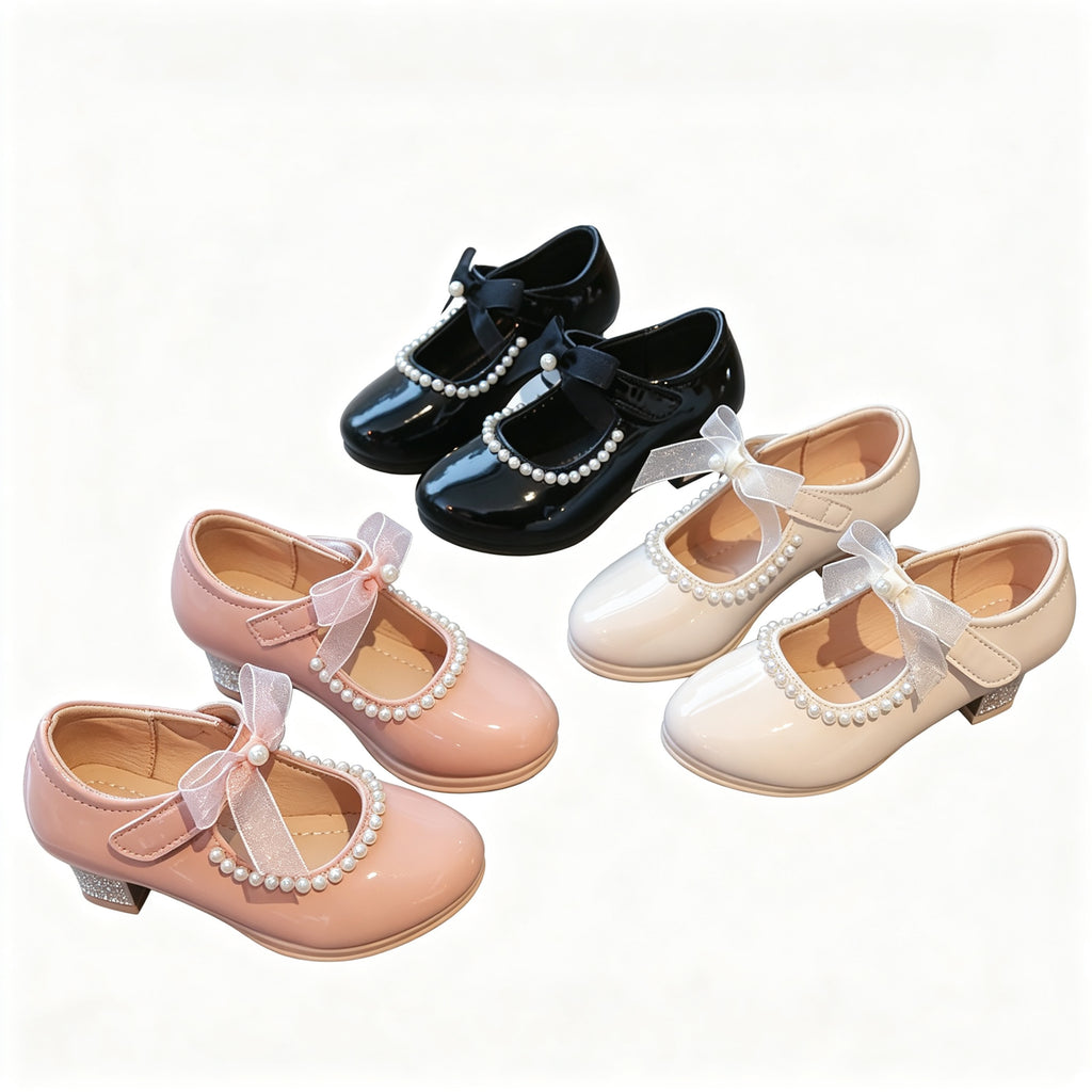 Toddler Girls Pearl Bow Mary Jane Shoes Low Heel Patent Leather