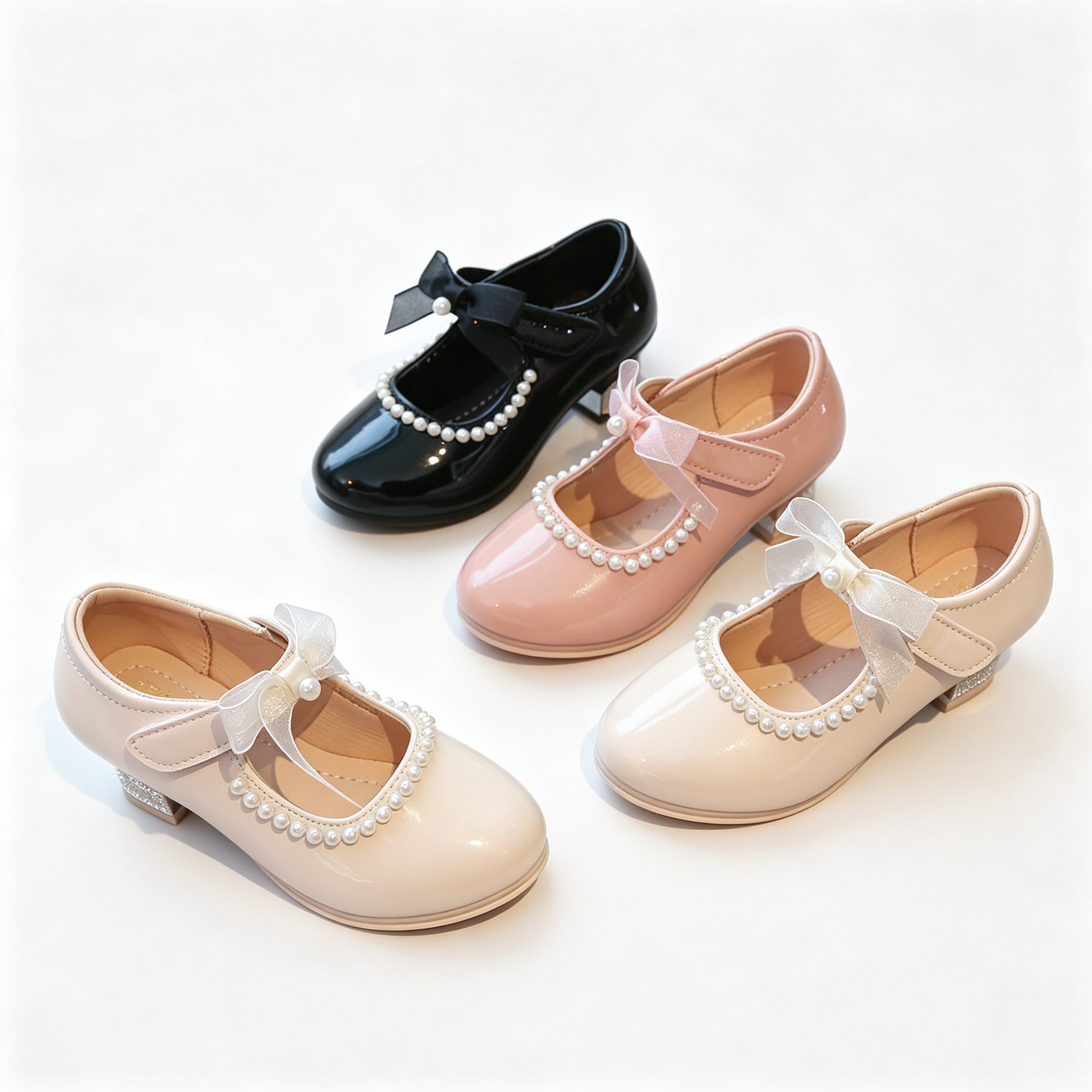 Toddler Girls Pearl Bow Mary Jane Shoes Low Heel Patent Leather