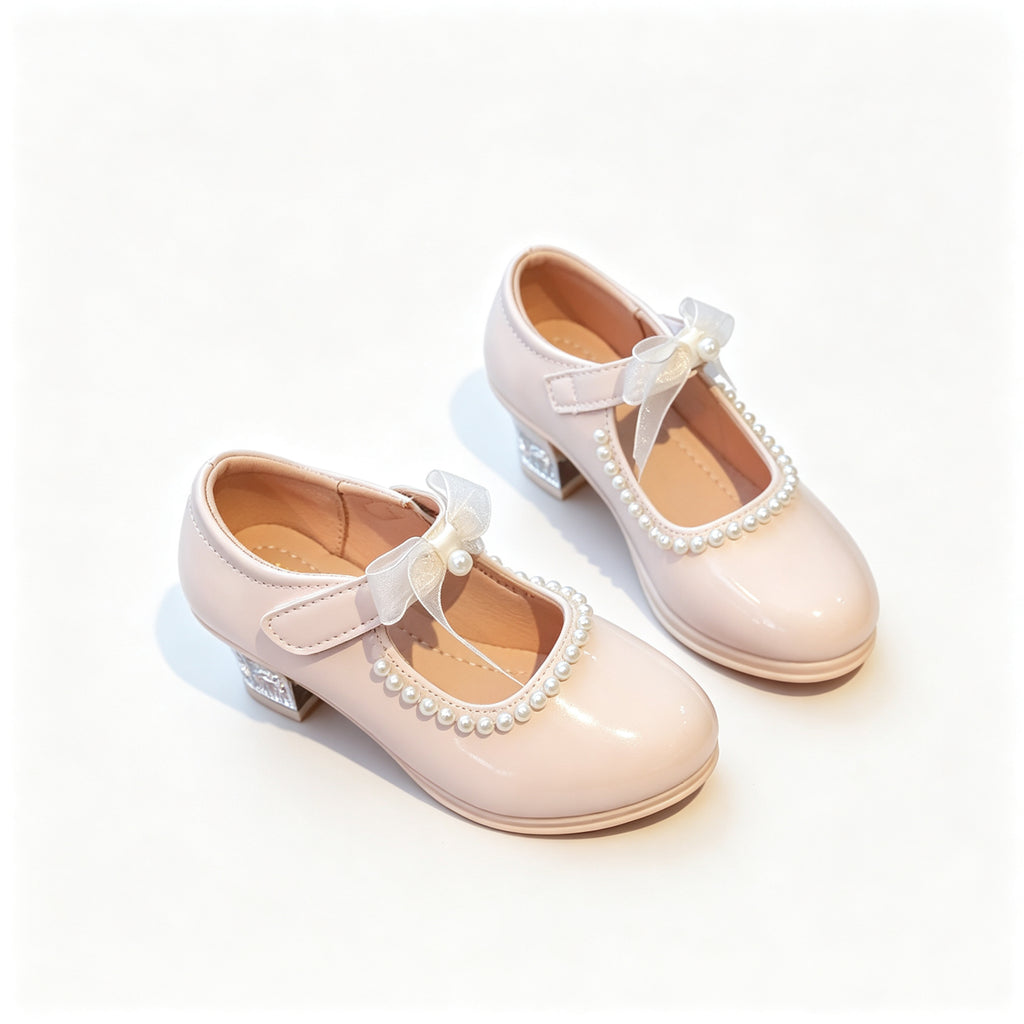 Toddler Girls Pearl Bow Mary Jane Shoes Low Heel Patent Leather