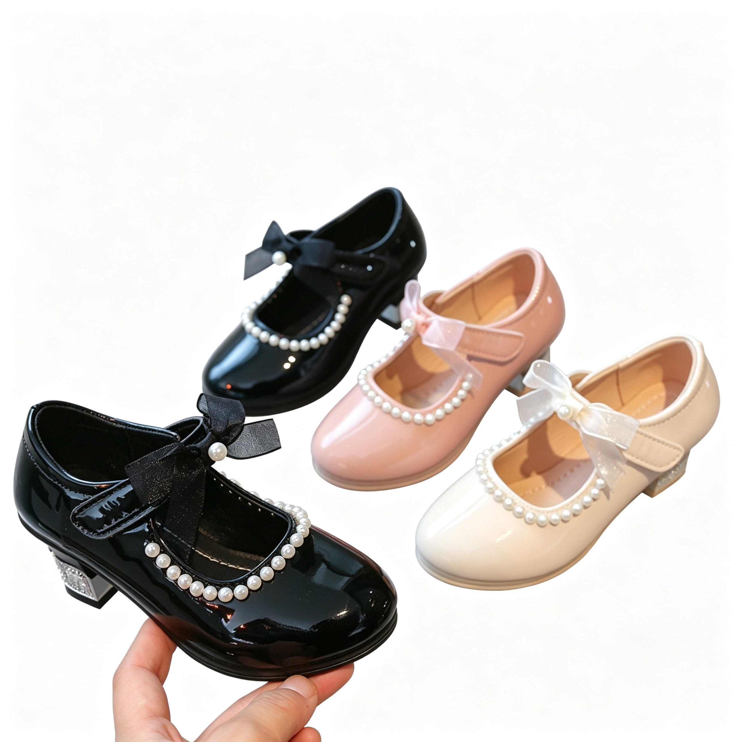 Toddler Girls Pearl Bow Mary Jane Shoes Low Heel Patent Leather