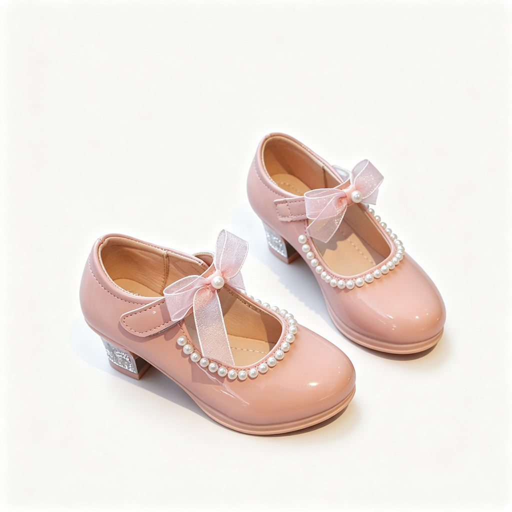 Toddler Girls Pearl Bow Mary Jane Shoes Low Heel Patent Leather