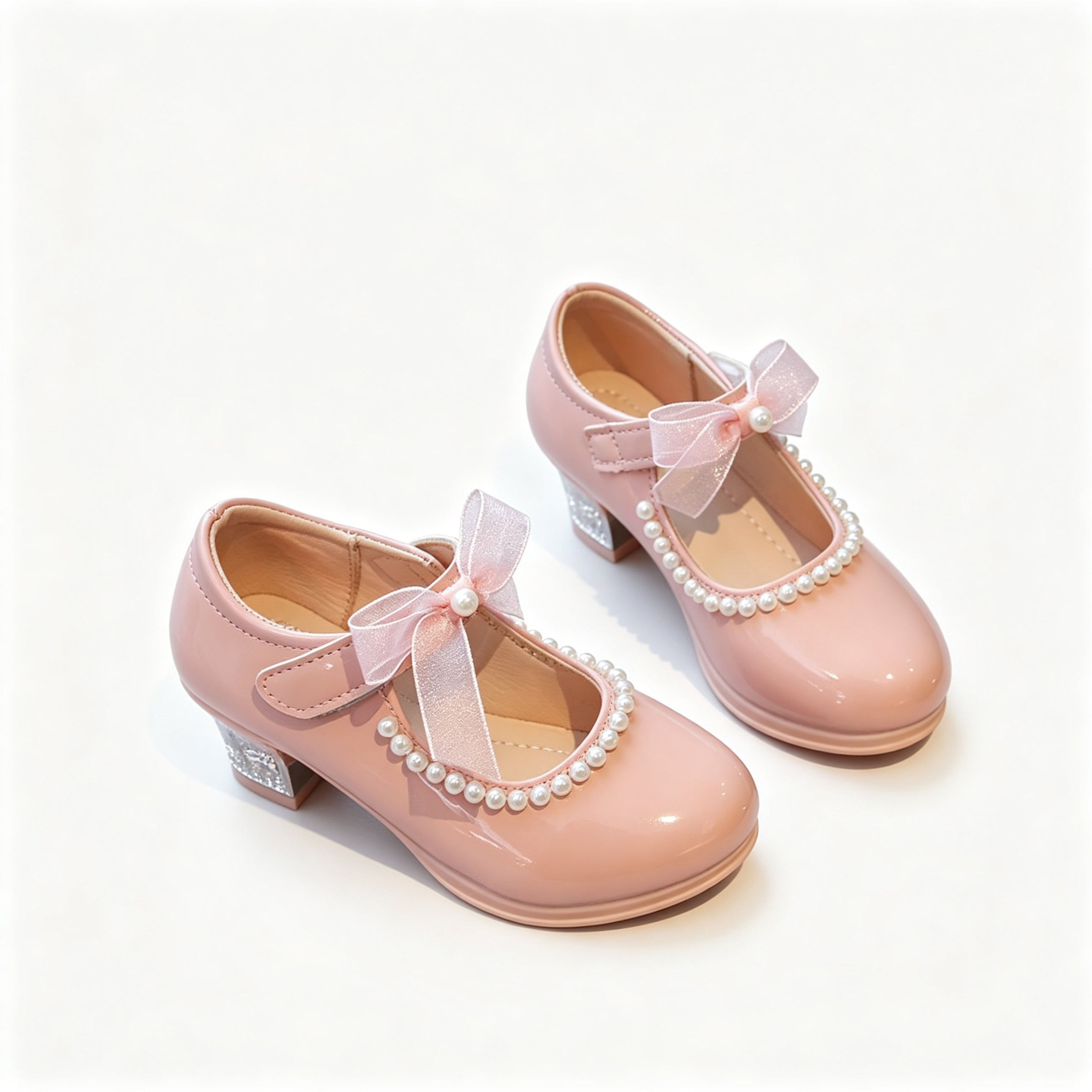 Toddler Girls Pearl Bow Mary Jane Shoes Low Heel Patent Leather