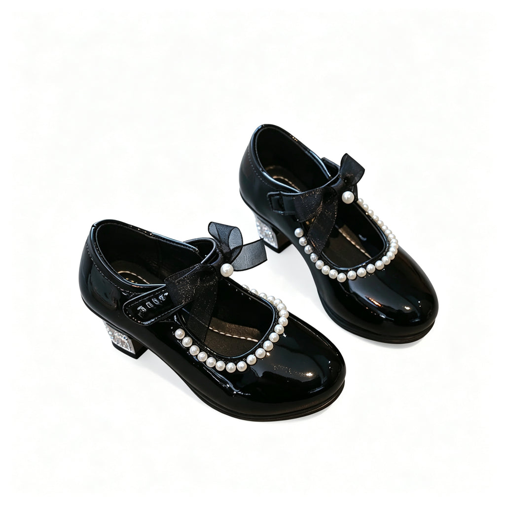 Toddler Girls Pearl Bow Mary Jane Shoes Low Heel Patent Leather