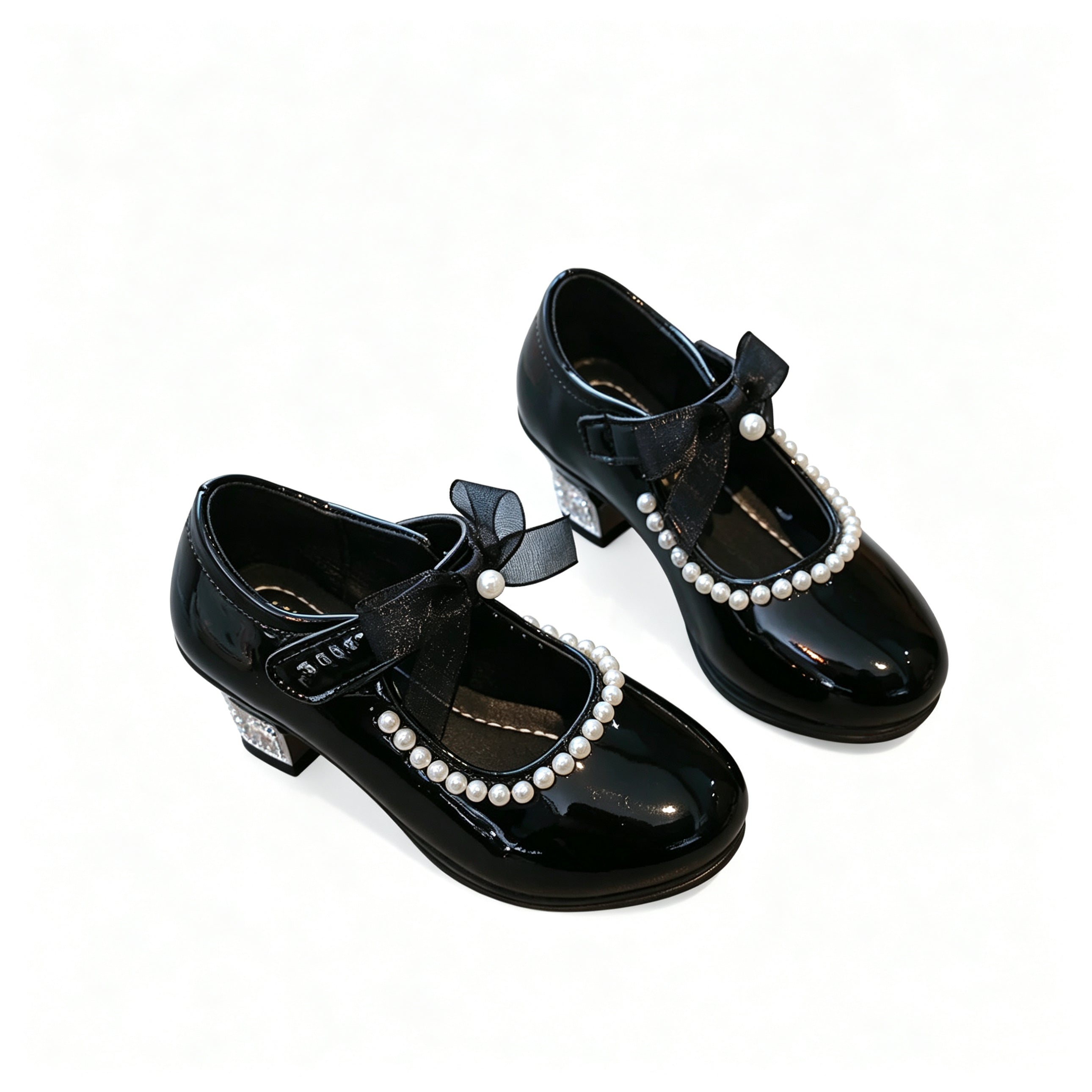 Toddler Girls Pearl Bow Mary Jane Shoes Low Heel Patent Leather