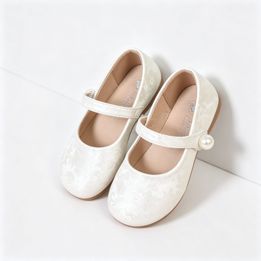 Girls White Floral Jacquard Mary Jane Flat Shoes Single Pearl Strap