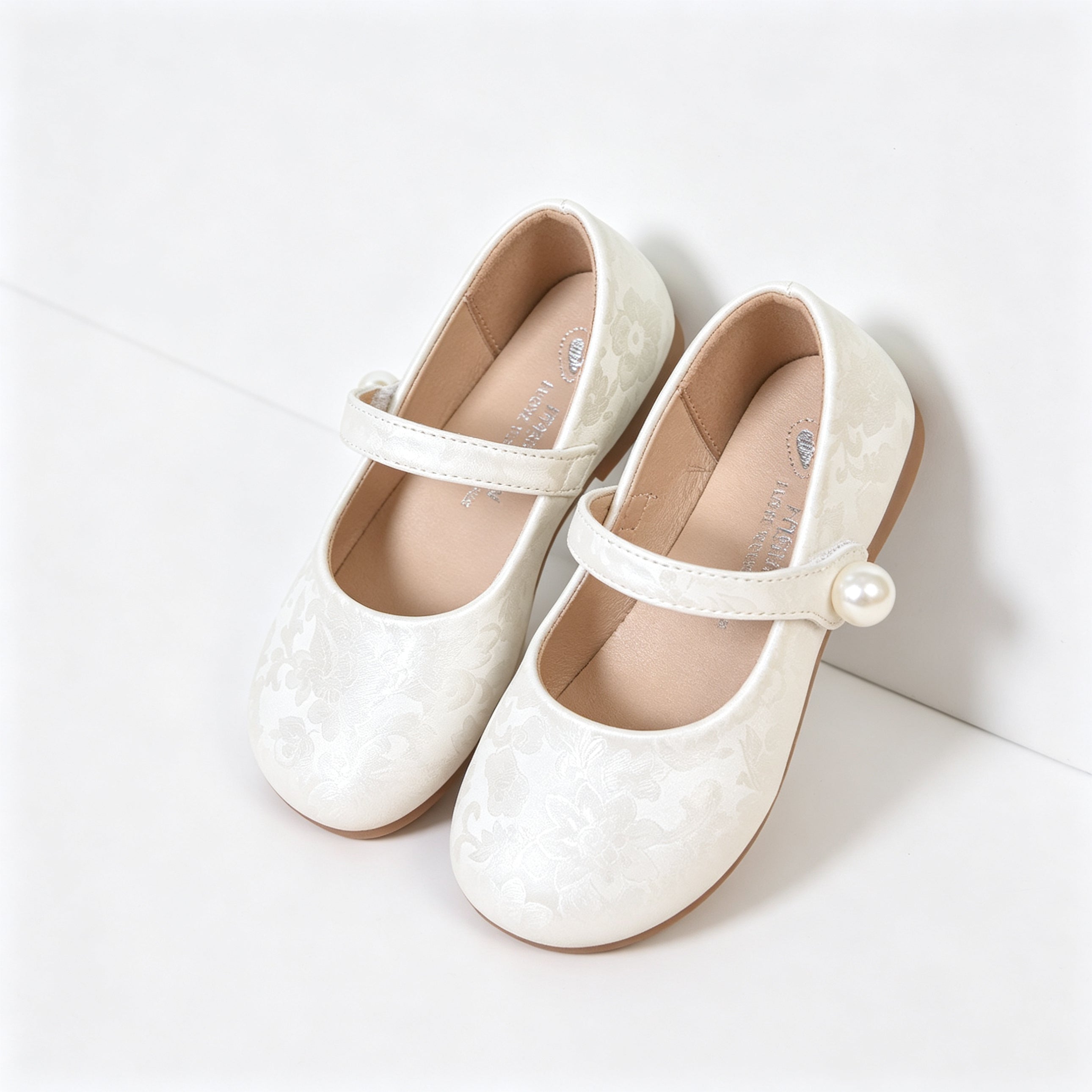 Girls White Floral Jacquard Mary Jane Flat Shoes Single Pearl Strap