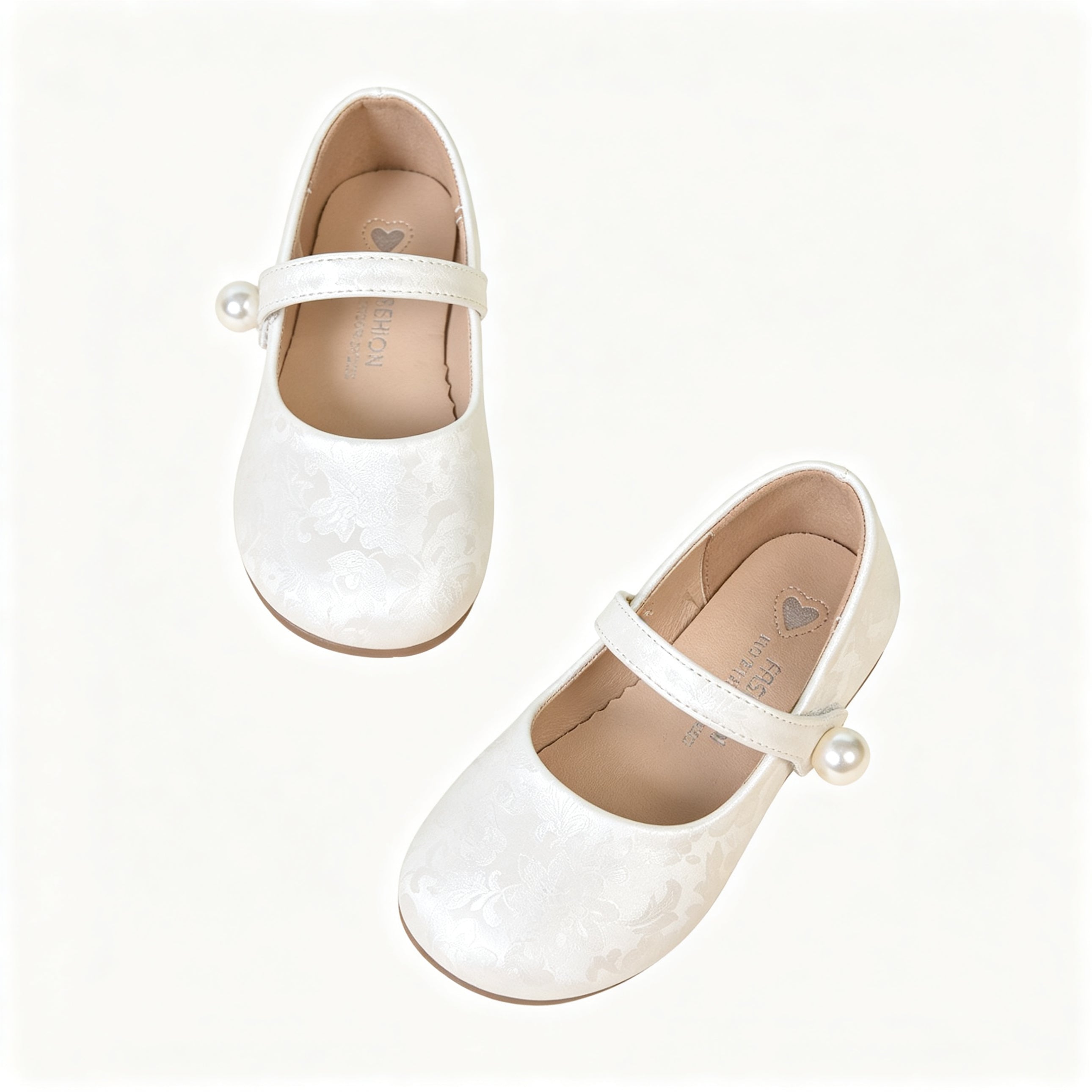 Girls White Floral Jacquard Mary Jane Flat Shoes Single Pearl Strap