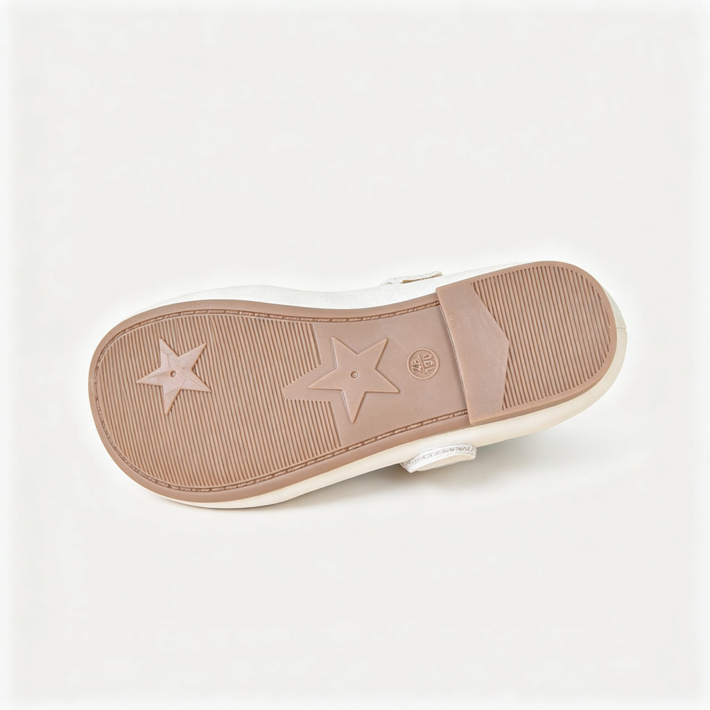 Girls White Floral Jacquard Mary Jane Flat Shoes Single Pearl Strap
