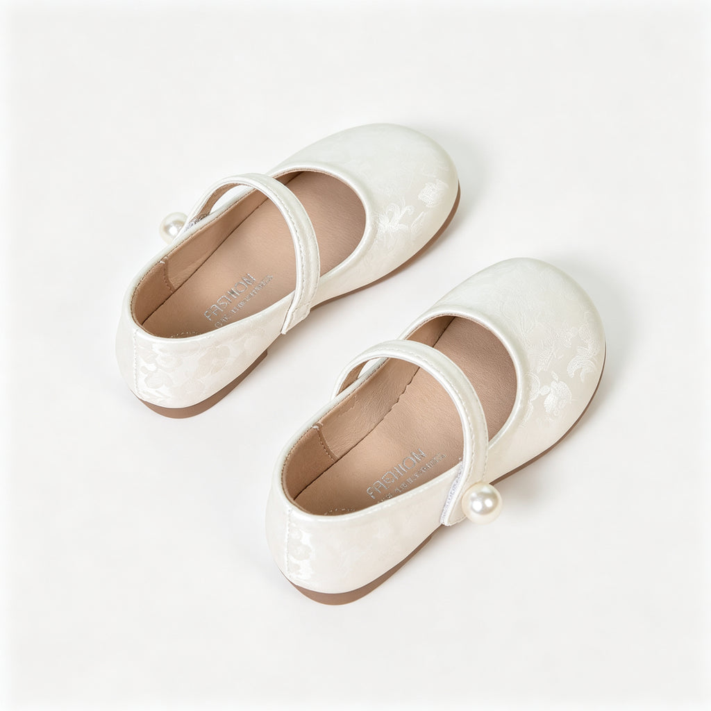 Girls White Floral Jacquard Mary Jane Flat Shoes Single Pearl Strap
