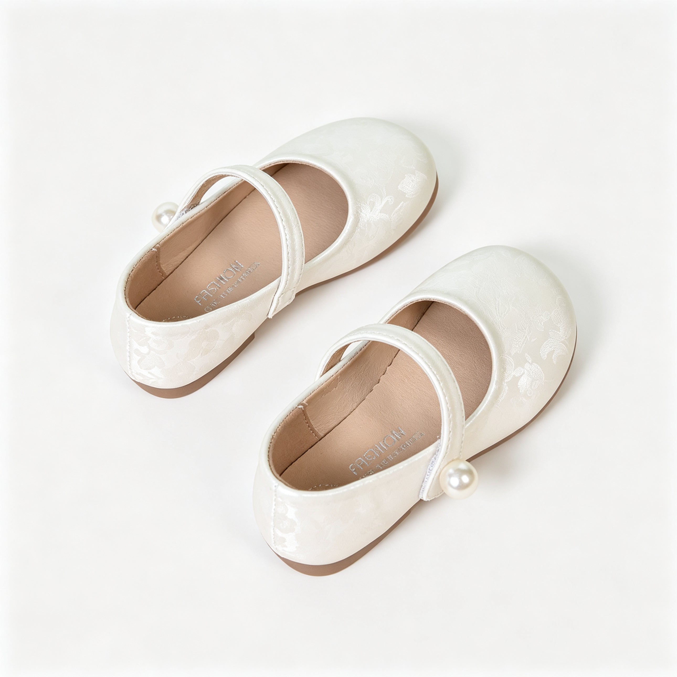 Girls White Floral Jacquard Mary Jane Flat Shoes Single Pearl Strap