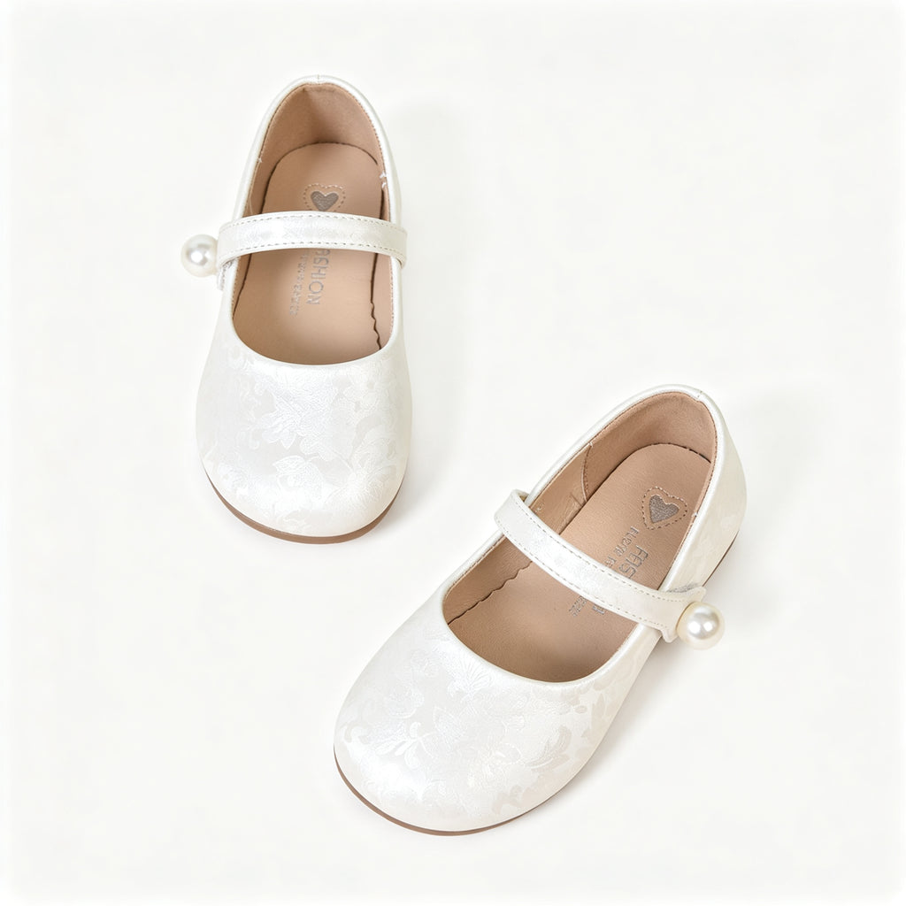 Girls White Floral Jacquard Mary Jane Flat Shoes Single Pearl Strap